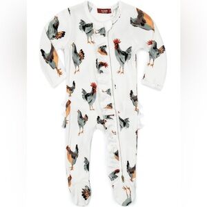 Milkbarn Chicken Organic Cotton White RuffleZipper Footed Romper Unisex 0-3m